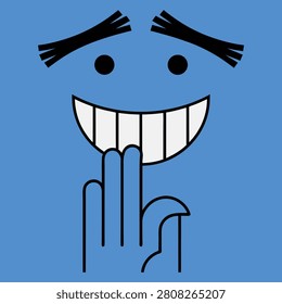 Whimsical vector illustration of a blue face with exaggerated features, a wide grin being physically stretched by a hand.