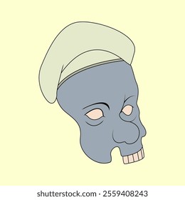 A whimsical vector illustration of a blue skull wearing a green cap. The skull has an asymmetrical shape and a friendly, cartoonish expression. Ideal for children's books, greeting cards, or fundesign