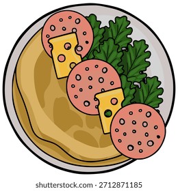 Ilustração vetorial extravagante de uma placa de café da manhã com uma panqueca dourada, salame fatiado, cunhas de queijo e alface verde fresca.