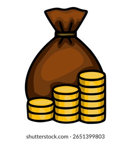 Ilustração vetorial caprichosa de um saco de dinheiro marrom e pilhas de moedas de ouro, apresentando um estilo cartunesco com contornos arrojados e cores vibrantes, perfeito para projetos financeiros ou relacionados à riqueza.