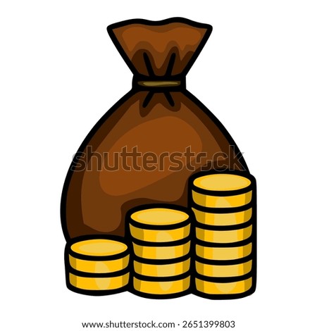 A whimsical vector illustration of a brown money bag and stacks of gold coins, showcasing a cartoonish style with bold outlines and vibrant colors, perfect for financial or wealth-related designs.