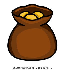 A whimsical vector illustration of a brown sack brimming with golden coins, rendered in a cartoon style with bold outlines and shaded coloring.