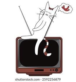 Whimsical vector illustration with Cat and TV. Cat love TV set. Simple flat Cat sitting on the top of TV. EPS 10