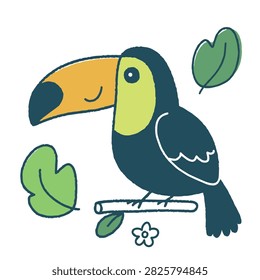 A whimsical vector illustration of a cheerful toucan perched on a branch, surrounded by simple green leaves and a small flower, featuring a minimalist cartoon style.
