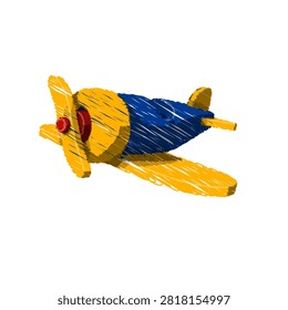 A whimsical vector illustration of a children's toy propeller airplane, designed in a textured crayon or pencil sketch style. The graphic features a bold blue fuselage contrasted with a yellow nose, wings, tail, and front propeller, all isolated on a clean white background with a playful, hand-drawn look.