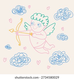 Uma ilustração vetorial caprichosa de um cupido gordinho aninhado entre nuvens suaves e sonhadoras. Criado em um charmoso estilo ingênuo, este personagem lúdico é perfeito para a arte de creche e design doce Valentine
