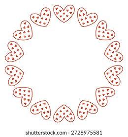 Eine skurrile Vektorgrafik eines kreisförmigen Rahmens aus dekorativen Herzen im Volksstil. Nettes handgezeichnetes Doodle-Design in Rot und Weiß, perfekt für Valentinstag-Karten, Einladungen, Poster.