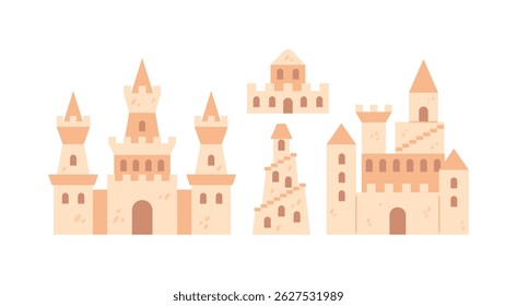 A whimsical vector illustration of a collection of sandcastles complete with intricate designs. This playful set captures the essence of summer fun and creativity at the beach.