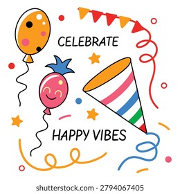 Whimsical vector illustration conveying joy and merriment. Ideal for event invitations party supplies or greeting cards.