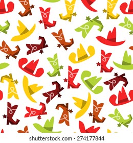 A whimsical vector illustration of cowboy hats and cowboy boots seamless pattern background. This pattern is easily tile able and color modifiable.