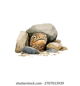Ilustración vectorial caprichosa de una linda rana asomándose desde debajo de las rocas. Ideal para contenido infantil, temas de naturaleza o diseños de animales juguetones.