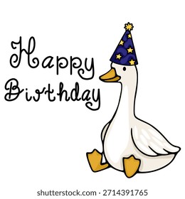 Eine skurrile Vektorgrafik einer süßen Gans mit einem sternenklaren Geburtstagsmütze, mit handgeschriebenem Text "Happy Birthday".