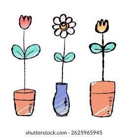 Whimsical vector illustration of a daisy and a tulip in a retro hand drawn cartoon style. Children’s decor and floral collections symbols