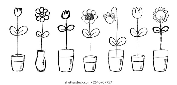 Whimsical vector illustration of a daisy and a tulip in a retro hand drawn cartoon style for colouring book activities. Children’s decor and floral collections symbols