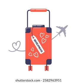 A whimsical vector illustration depicting a travel suitcase adorned with heart patterns, symbolizing romance. Airplane silhouette soar above, evoking the excitement of adventure, perfect for a