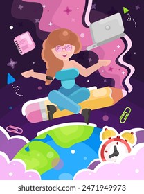 Whimsical vector illustration depicts a girl with a laptop, floating on a pencil in space. Surrounded by educational items, it's perfect for creative projects on e-learning, education, imagination