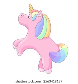 Whimsical vector illustration features a charming pink unicorn with a colorful rainbow mane and tail