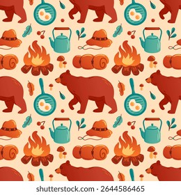 whimsical vector illustration features a charming camping pattern with bears, campfires, cooking utensils, and nature elements. Perfect for outdoor-themed projects and adventure designs.