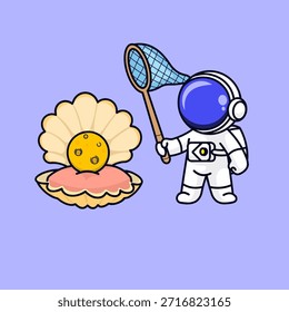 Una Ilustración vectorial caprichosa con un astronauta usando una red para atrapar la luna brillante que emerge de una concha marina gigante abierta.