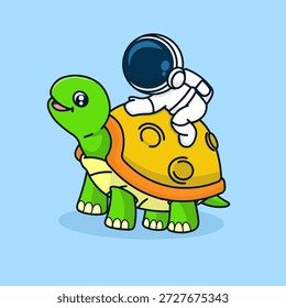Una Ilustración vectorial caprichosa con un astronauta montando una tortuga gigante cuya concha se asemeja a la superficie de la luna.