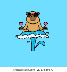 Una Ilustración vectorial caprichosa con un capibara tranquilo en una pose meditativa, con gafas de sol elegantes mientras se sienta tranquilamente en la parte superior de una fuente.