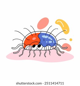 A whimsical vector illustration featuring a cute, multi-legged insect in bright colors. The playful design and cheerful expression make it perfect for childrens media and creative projects.