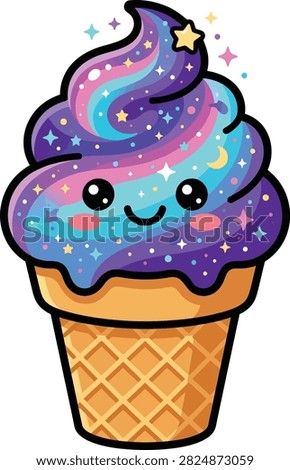 A whimsical vector illustration featuring a cute Kawaii galaxy-themed soft-serve ice cream in a crispy waffle cone. The vibrant ice cream swirl blends cosmic shades of purple, blue, and pink, decorated with glowing stars, crescent moons, and sparkling dust. With big adorable eyes and a sweet smile, this charming cartoon character is perfect for children's stationery, t-shirts, stickers, posters, birthday invitations, and fantasy food-themed designs.