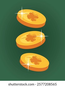 A whimsical vector illustration featuring flying leprechaun coins intertwined with a four leaf clover. The coins shimmer with gold, symbolizing luck and prosperity. st patricks day