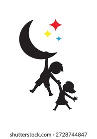 Una Ilustración vectorial caprichosa con un grupo de niños caminando de la mano bajo un vasto y encantador cielo nocturno. La escena está iluminada por una luna creciente brillante y una dispersión de estrellas centelleantes, creando una atmósfera pacífica y mágica. Perfecto para la decoración de la guardería, cubiertas de libros para niños o proyectos digitales de ensueño, este diseño captura la maravilla inocente de la exploración infantil.