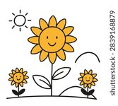 A whimsical vector illustration featuring a large central sunflower and two smaller ones with happy faces, accompanied by a simple sun icon in a minimalist doodle style.