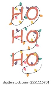 A whimsical vector illustration featuring the text Ho Ho Ho in a playful font intertwined with colorful Christmas lights. Ideal for holiday cards, posters, gift tags and holiday decorations