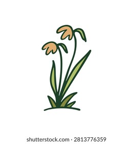 A whimsical vector illustration featuring two simple orange flowers with long green stems and pointed leaves on a plain background