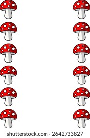 A whimsical vector illustration featuring a vertical arrangement of cartoonish red toadstools with white spots, creating a playful and symmetrical border design.