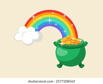 A whimsical vector illustration featuring a vibrant rainbow with an adorable leprechaun pot filled with shiny gold coins placed at the end, reminiscent of the magic of Irish folklore. st patricks day