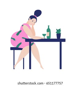 a whimsical vector illustration with a female character of an unhappy sad girl or aa frustrated woman; a lonely frustrated depressed girl is sitting on the table a drinking a glass of wine