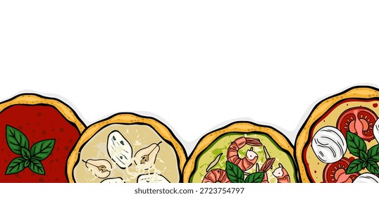 Ilustração vetorial caprichosa de quatro pizzas gourmet diversas, incluindo Margherita, camarão e pera com queijo, com coberturas vibrantes.