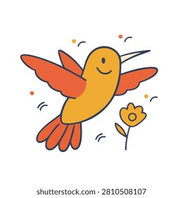 A whimsical vector illustration of a friendly yellow and orange hummingbird in flight near a stylized flower
