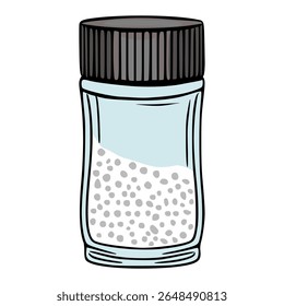 Uma ilustração vetorial caprichosa de um frasco de vidro cheio de sal salpicado, com uma tampa com nervuras escuras e um corpo azul claro, perfeito para projetos com temas de cozinha.