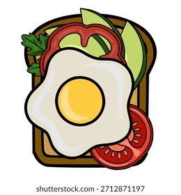 Ilustração de vetor extravagante de um sanduíche gourmet de cara aberta com um ovo perfeitamente frito, fatias de abacate cremoso, verdes frescos, e anéis vibrantes de tomate e pimentão em pão torrado.