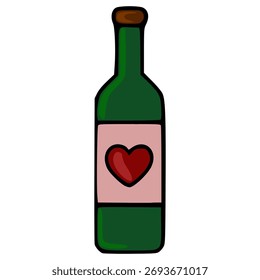 Una Ilustración vectorial caprichosa de una botella verde adornada con una etiqueta en forma de corazón, perfecta para temáticas románticas y celebraciones.