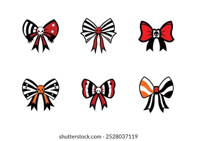 A whimsical vector illustration of a Halloween striped coquette bow, featuring black and white stripes with a playful yet eerie design