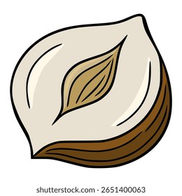 A whimsical vector illustration of a halved hazelnut, showcasing its creamy interior and rich brown shell, drawn in a cartoon style with bold outlines.