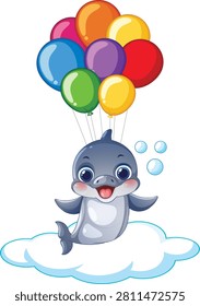 Whimsical vector illustration of a happy dolphin floating on clouds using vibrant party balloons.