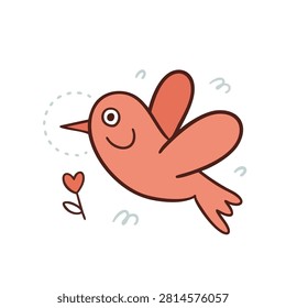 A whimsical vector illustration of a happy orange bird in flight holding a small heart shaped flower in its beak with simple doodle accents.