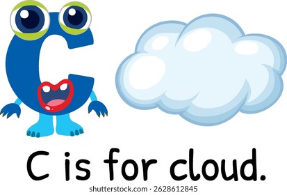Whimsical vector illustration of the letter C with a cartoon cloud. Bright colors and playful design for educational use