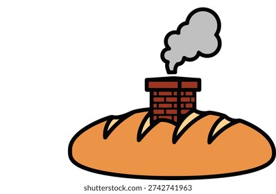 Whimsical vector illustration of a loaf of bread with a brick chimney emitting smoke, suggesting 'home baking', 'comfort food', or a cozy atmosphere.
