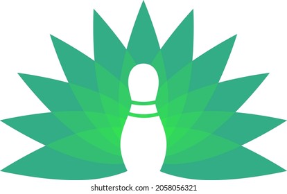 Whimsical vector illustration merging a bowling pin with peacock feathers, creating a unique sports-luxury hybrid design in editable EPS 10 format