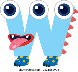 Whimsical vector illustration of a monster-shaped letter W with vibrant colors and playful design elements