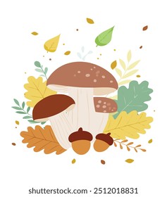 A whimsical vector illustration of mushrooms, acorns, and fallen leaves, set on a white background