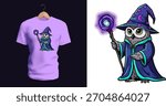 Whimsical vector illustration of an owl dressed as a wizard, wearing a long flowing robe with layered fabric details, a pointed magical hat decorated with crescent moons, and holding a glowing